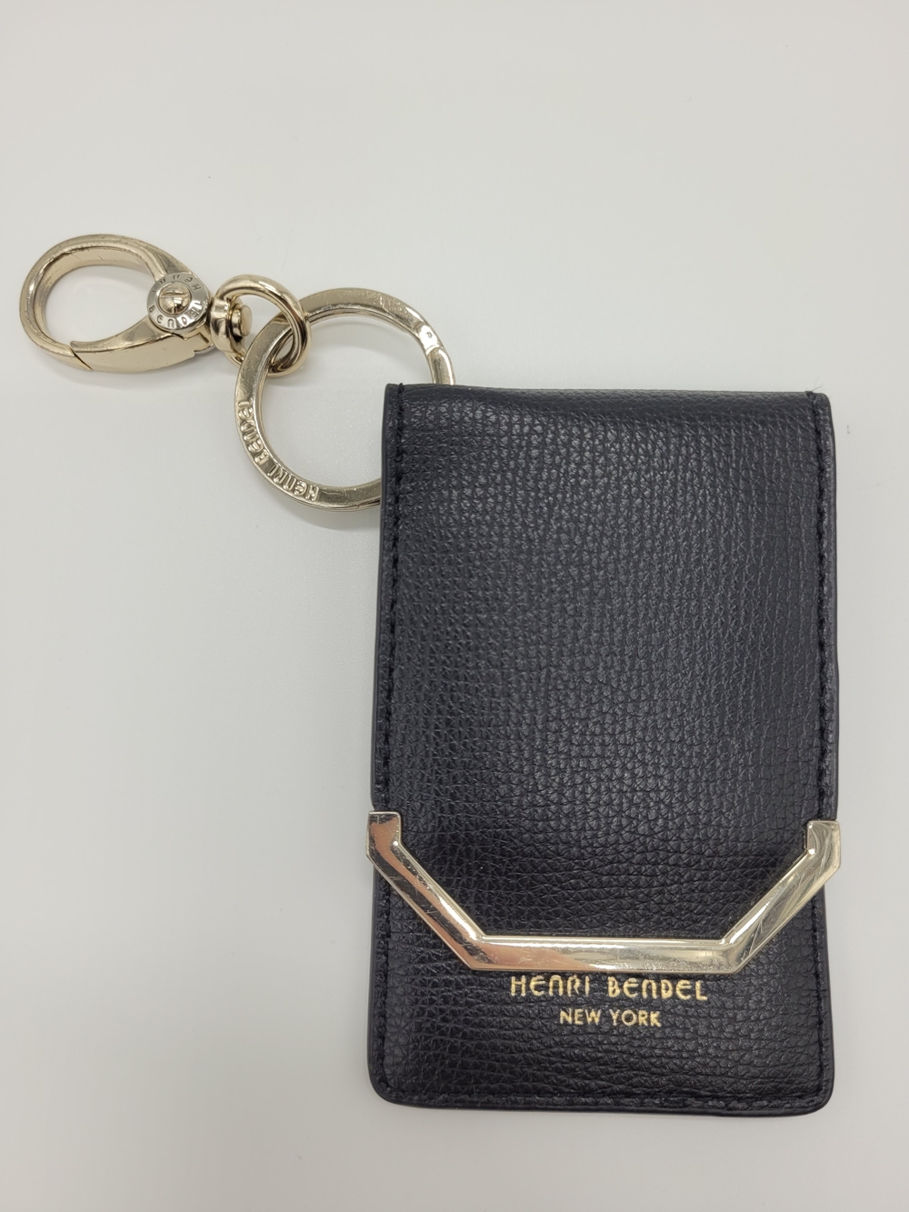 Henri Bendel W 57th Black Leather Card Holder Gold Hardware Slim Keychain Clip